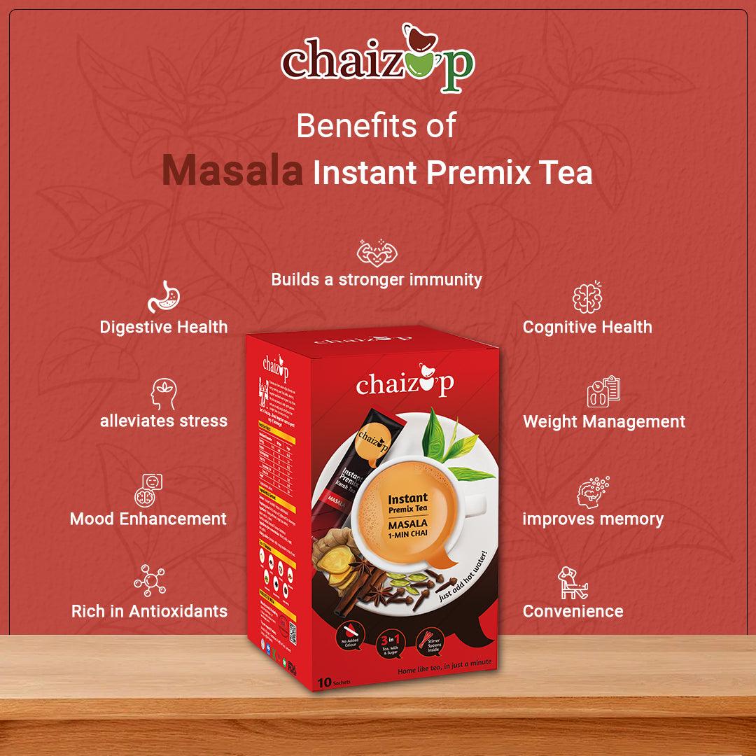 Chaizup Premium 1 Min Instant Masala Tea Premix - 10 Sachets | Masala Flavours | 10 Servings | 140g