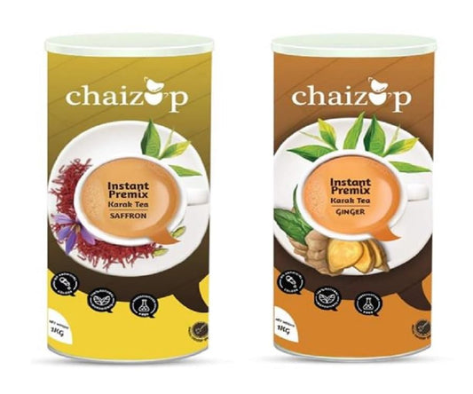 Chaizup Instant Premix Saffron + Ginger Tea Cans | Assorted Combo Pack Of 2 Flavours | 1000g x 2 Cans | 2000 GM | Instant Tea | Premix Tea | Masala Chai | Premix Chai Powder