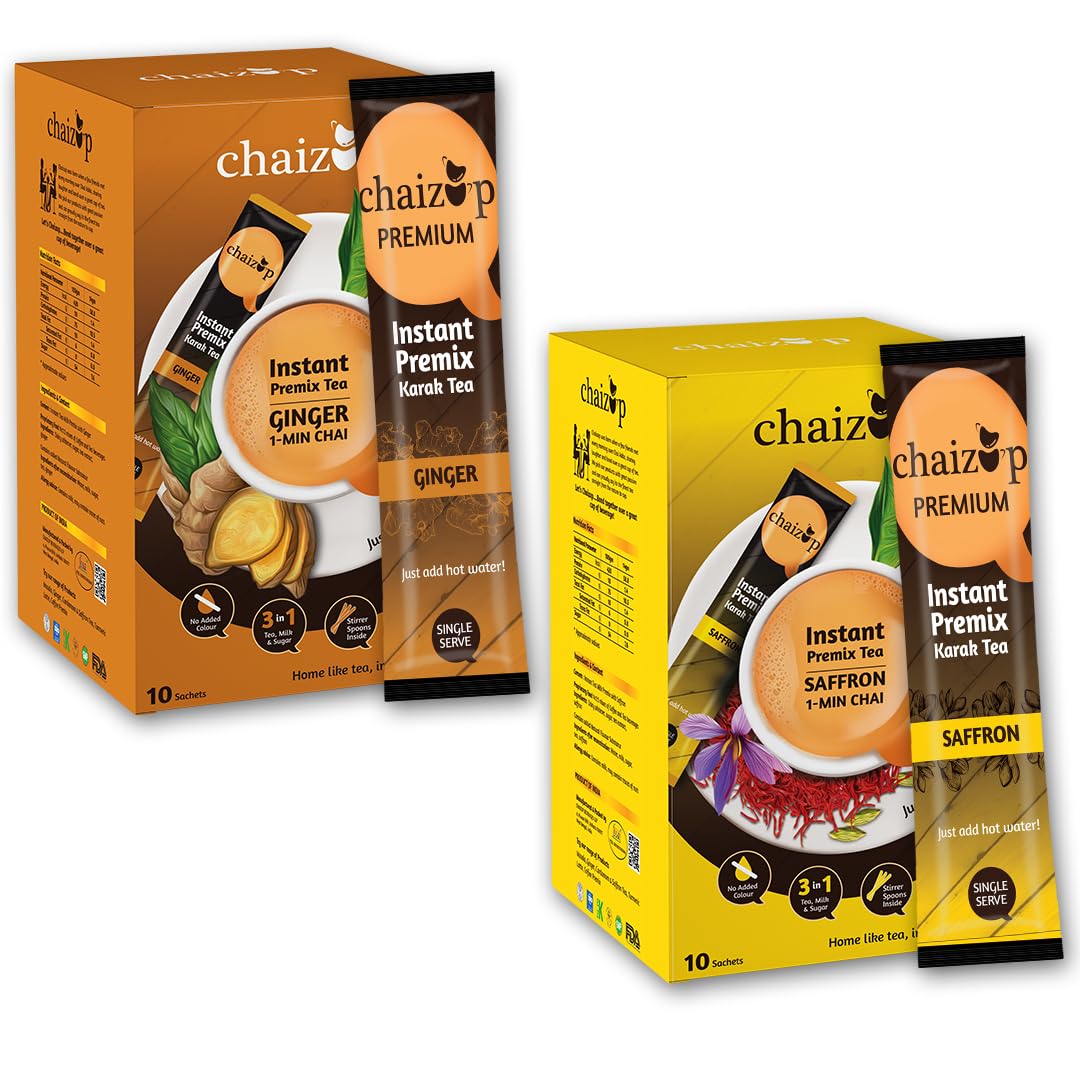 Chaizup Premium 1 Min Instant Assorted Tea Pack - 20 Sachets | Ginger & Saffron Flavors | 20 Servings | 2 Packs (10 Flavors Each) | 280g