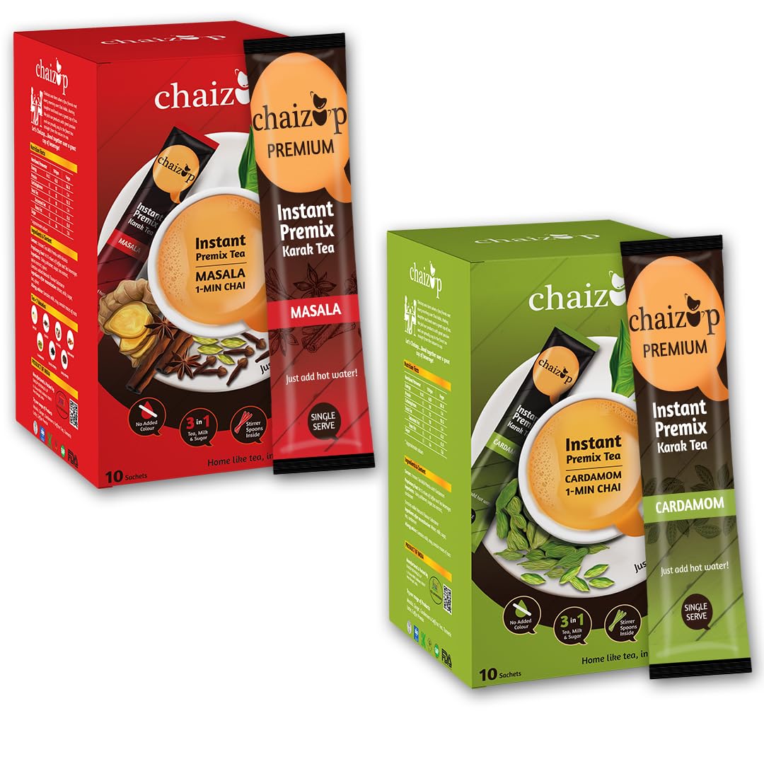 Chaizup Premium 1 Min Instant Assorted Tea Pack - 20 Sachets | Cardamom & Masala Flavours | 20 Servings | 2 Packs (10 Flavours Each) | 280g