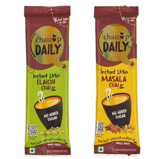 Chaizup No Sugar Cardamaom + No Sugar Masala Instant Premix Tea | Assorted Combo Pack Of 2 Flavours | 9gmx30 Sachets | Instant Chai | Ready To Drink | 270 Gm | Chai Powder Mix | 30 Sachets