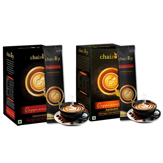 Chaizup Instant Premix Premium Cappuccino + Hazelnut Coffee Packs | Assorted Combo Pack Of 2 Flavours | 20gm x 12 Sachets | 240 GM | Instant Premix Coffee Powder | Instant Coffee Premix