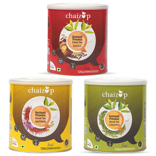 Chaizup Instant Premix Masala + Cardamom + Saffron Tea Can | Assorted Combo Pack Of 3 Flavours | 500 gm x 3 Cans | Ready To Drink | 1500 Gm | Premix Chai Powder | Instant Tea | Masala Chai