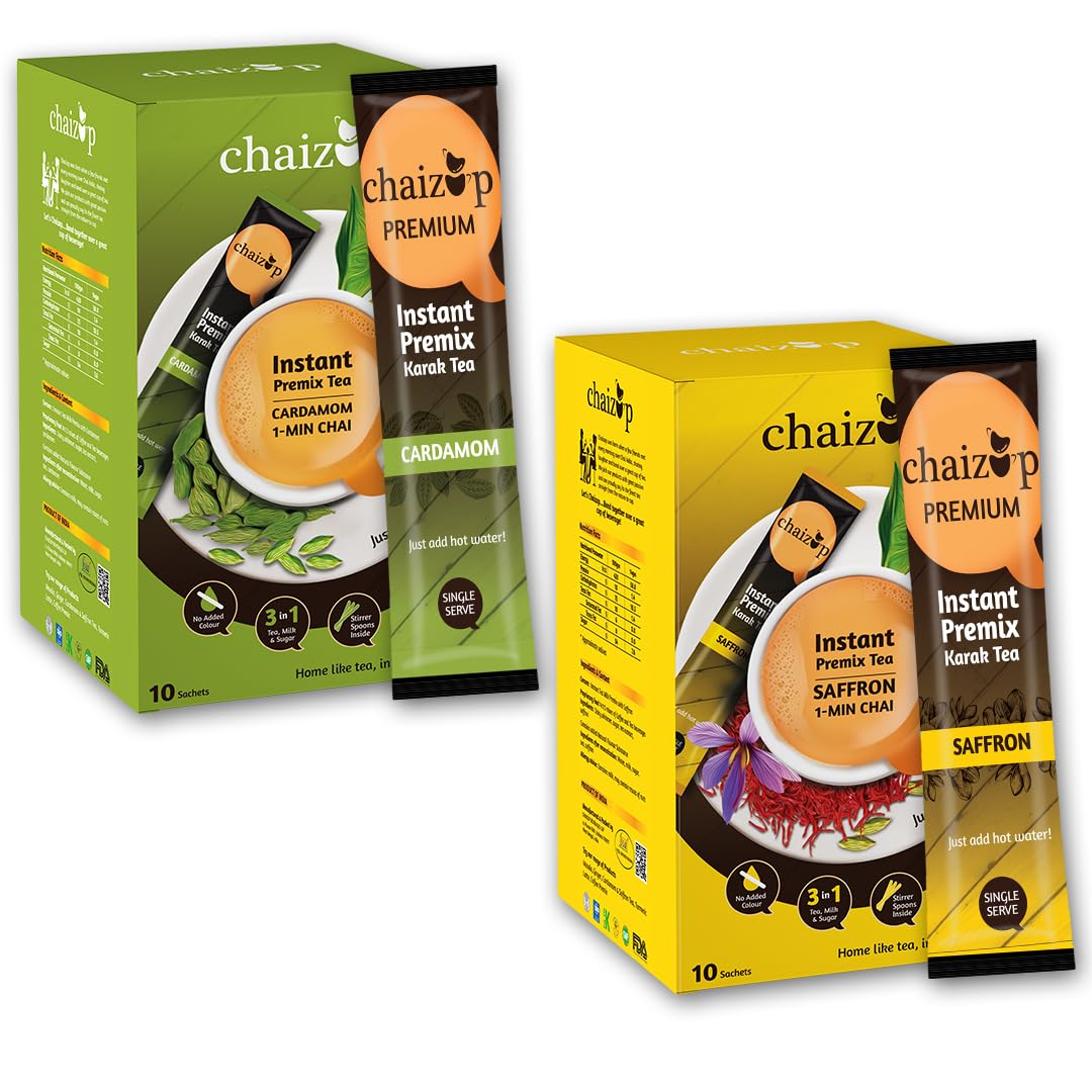 Chaizup Premium 1 Min Instant Assorted Tea Pack - 20 Sachets | Cardamom & Saffron Flavours | 20 Servings | 2 Packs (10 Flavours Each) | 280g