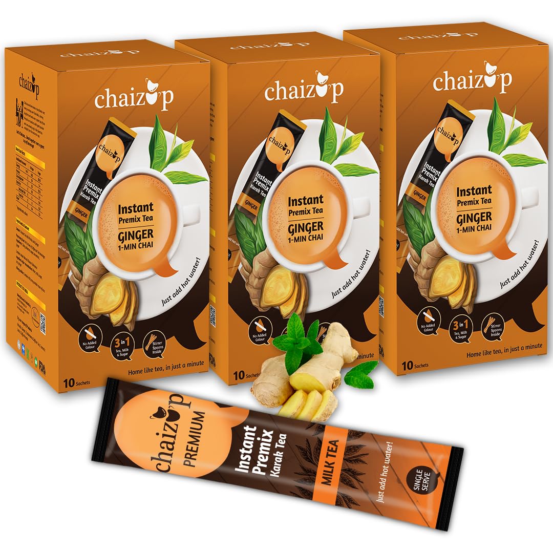 Chaizup Instant Premix Ginger Chai | 30 Sachets - 30 Serves | 3 Mono Box | Instant Premix Tea | Premix Tea Powder | Ready To Drink