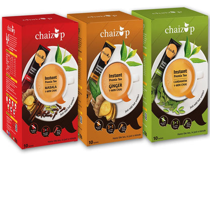 Chaizup Premium 1 Min Instant Assorted Tea Pack - 30 Sachets | Cardamom, Masala & Ginger Flavors | 30 Servings | 3 Packs (10 Flavors Each) | 420g