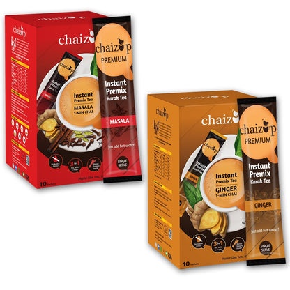 Chaizup Premium 1 Min Instant Assorted Tea Pack - 20 Sachets | Ginger & Masala Flavors | 20 Servings | 2 Packs (10 Flavours Each) | 280g