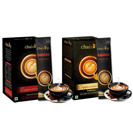 Chaizup Instant Premix Premium Cappuccino + Vanilla Coffee Packs | Assorted Combo Flavour Of 2 Packs | 20gm x 12 Sachets | 240gm | Instant Premix Coffee | Premix Coffee Powder | Ready to Drink