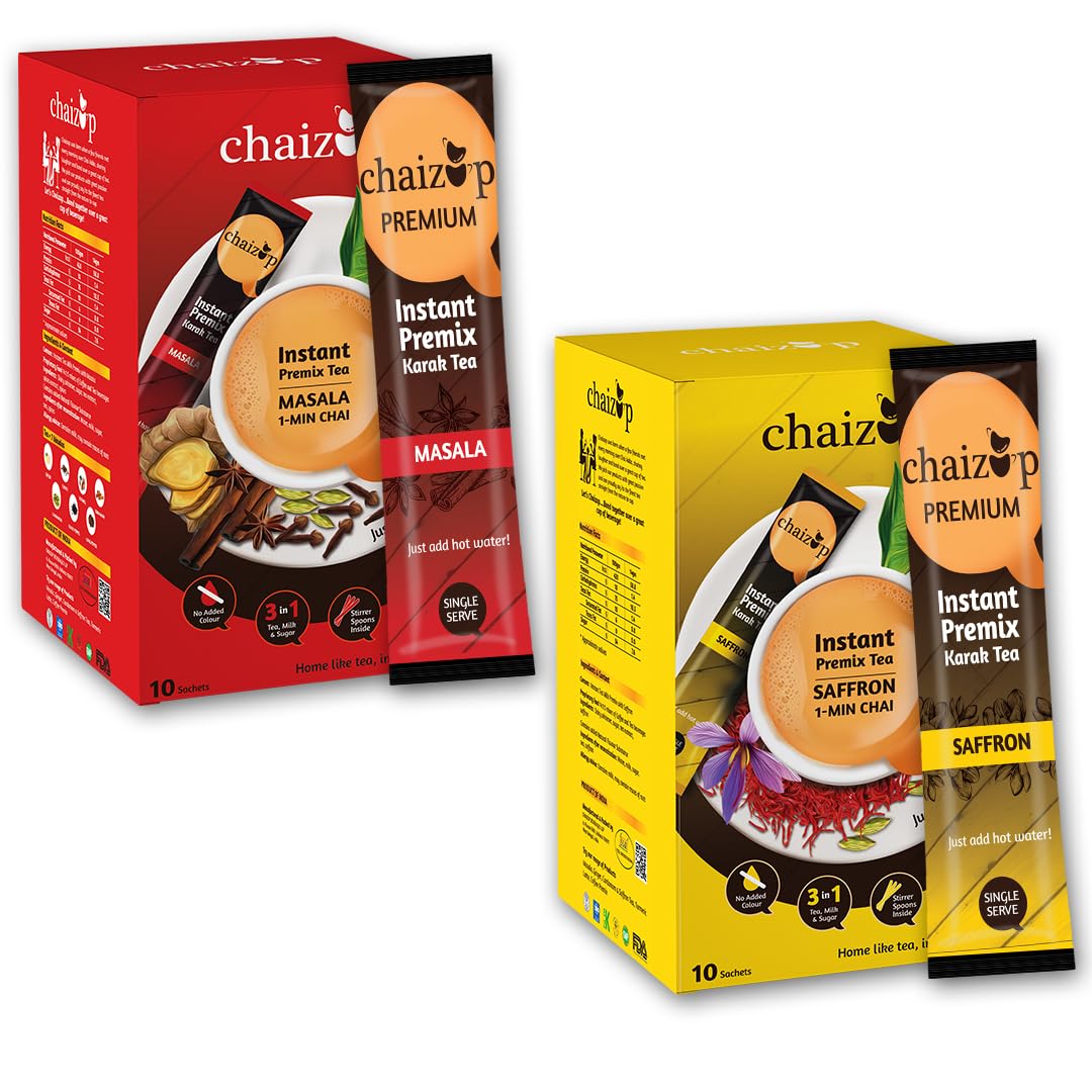 Chaizup Premium 1 Min Instant Assorted Tea Pack - 20 Sachets | Saffron & Masala Flavours | 20 Servings | 2 Packs (10 Flavours Each) | 280g