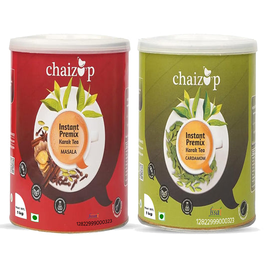 Chaizup Instant Premix Masala + Cardamom Tea Cans | Assorted Combo Pack of 2 Flavours | 1000g x 2 Cans | 2000 Gm | Instant Chai | Premix Masala Tea | Ready To Drink | Premix Chai Powder