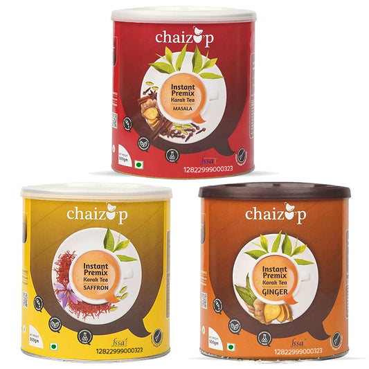 Chaizup Instant Masala + Ginger + Saffron Premix Tea Can | Assorted Combo Pack Of 3 Flavours | 500gm x 3 Can | Instant Chai | Ready To Drink | 1500 Gm | Premix Chai Powder