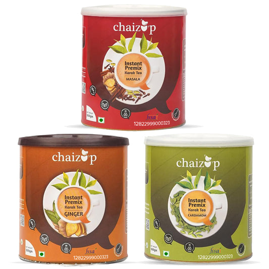 Chaizup Instant Masala + Cardamom + Ginger Premix Tea Can | Assorted Combo Pack Of 3 Flavours | 500gm x 3 Can | Instant Chai | Ready To Drink | 1500 Gm | Premix Chai Powder | Instant Tea