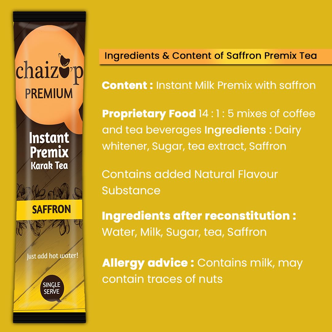 Chaizup Instant Premix Masala + Cardamom + Ginger + Saffron Tea Sachets | Assorted Combo Pack Of 4 Flavors | 32 Sachets | Instant Premix Tea Powder