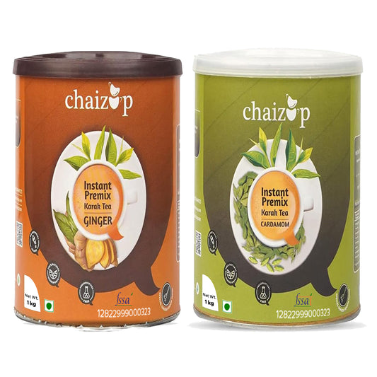 Chaizup Instant Premix Ginger + Cardamom Tea Cans | Assorted Combo Pack Of 2 Flavous | 1000g x 2 Cans | 2000 GM | Instant Tea | Premix Tea | Ready To Drink | Premix Chai Powder