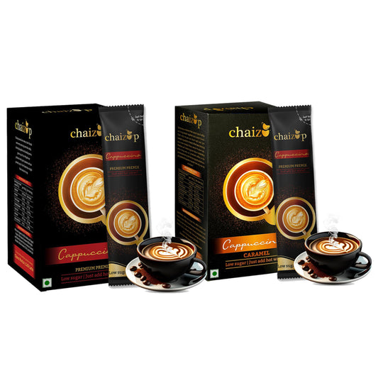 Chaizup Instant Premix Premium Cappuccino + Caramel Coffee Packs | Assorted Combo Pack Of 2 Flavours | 20gm x 12 Sachets | 240 GM | Instant Premix Coffee | Premix Coffee Powder | Ready To Drink