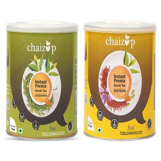 Chaizup Instant Premix Saffron + Cardamom Tea Cans | Assorted Combo Pack Of 2 Flavours | 1000g x 2 Cans | 2000 GM | Instant Tea | Premix Tea | Premix Chai Powder