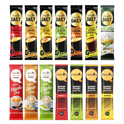 Chaizup Instant Premix Tea – 3 Unique Ranges: Daily (7 Flavors), Dimtee (3 Flavors), Premium (4 Flavors) | 70 Sachets (5 Sachets Per Flavor) | Assorted Combo Pack | 950g