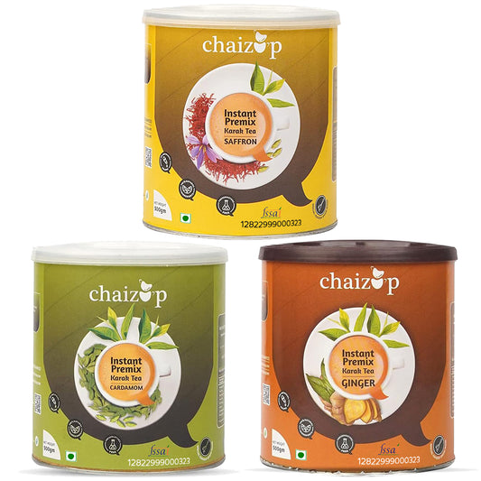 Chaizup Instant Premix Ginger + Cardamom + Saffron Tea Can | Assorted Combo Pack Of 3 Flavors | 500gm x 3 Can | 1500 Gm | Premix Chai Powder