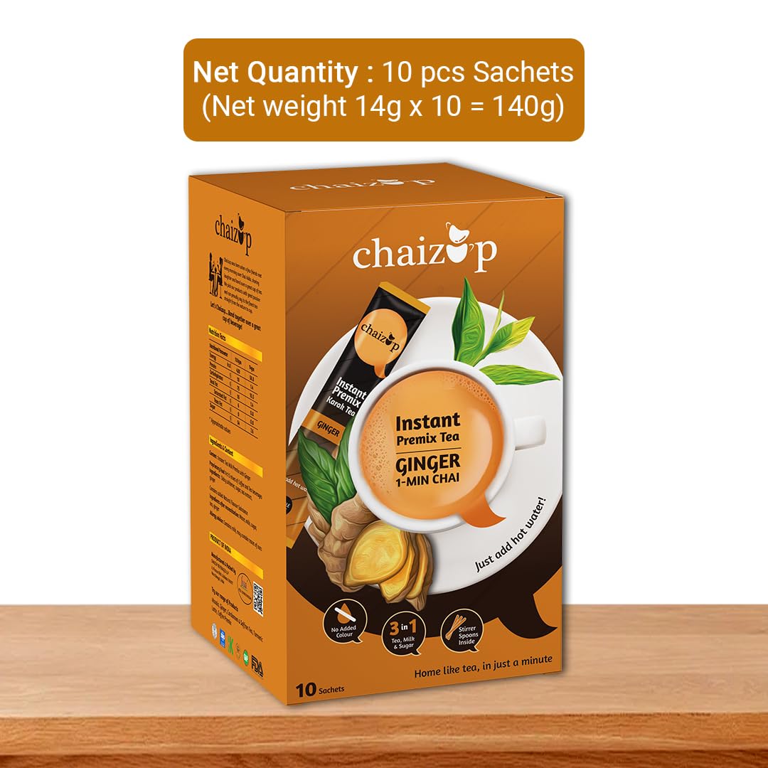 Chaizup Premium 1 Min Instant Assorted Tea Pack - 20 Sachets | Ginger & Saffron Flavors | 20 Servings | 2 Packs (10 Flavors Each) | 280g