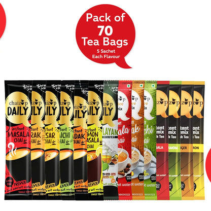 Chaizup Instant Premix Tea – 3 Unique Ranges: Daily (7 Flavors), Dimtee (3 Flavors), Premium (4 Flavors) | 70 Sachets (5 Sachets Per Flavor) | Assorted Combo Pack | 950g