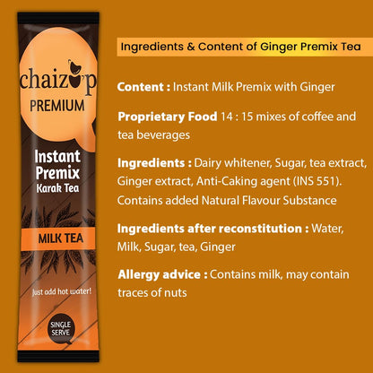 Chaizup Instant Premix Ginger Chai | 30 Sachets - 30 Serves | 3 Mono Box | Instant Premix Tea | Premix Tea Powder | Ready To Drink