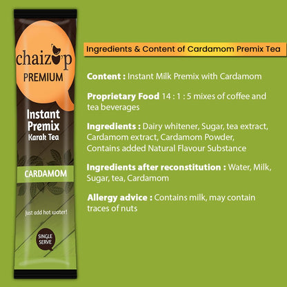 Chaizup Instant Cardamom Premix Tea - Karak Ready to Drink Chai with Cardamom and Low Sugar | Elaichi Flavor | 10 Sachets | Elaichi Tea | Instant Premix Tea| Elaichi Premix Chai - Pack of 2