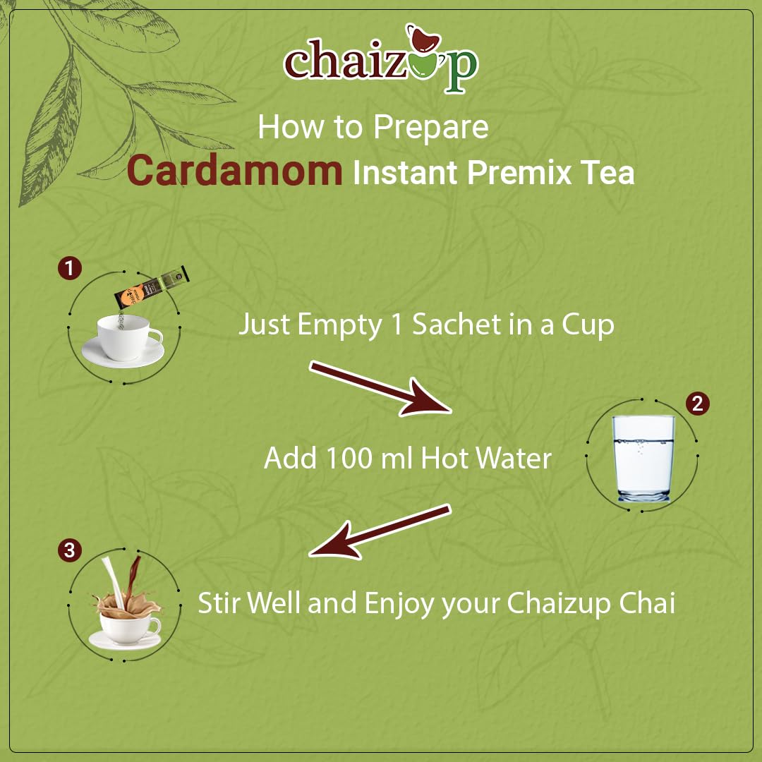 Chaizup Instant Cardamom Premix Tea - Karak Ready to Drink Chai with Cardamom and Low Sugar | Elaichi Flavor | 10 Sachets | Elaichi Tea | Instant Premix Tea| Elaichi Premix Chai - Pack of 2