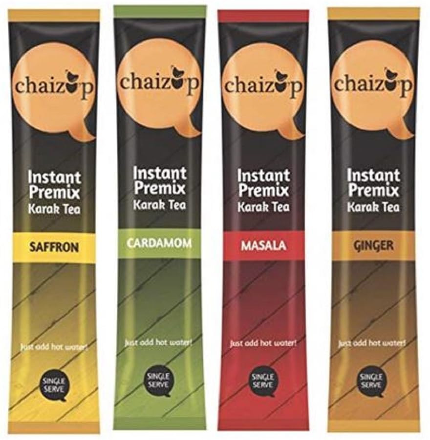 Chaizup Instant Premix Masala + Cardamom + Ginger + Saffron Tea Sachets | Assorted Combo Pack Of 4 Flavors | 32 Sachets | Instant Premix Tea Powder