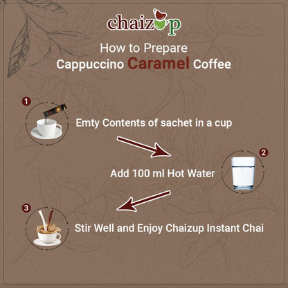 Chaizup Instant Premix Premium Cappuccino + Caramel Coffee Packs | Assorted Combo Pack Of 2 Flavours | 20gm x 12 Sachets | 240 GM | Instant Premix Coffee | Premix Coffee Powder | Ready To Drink