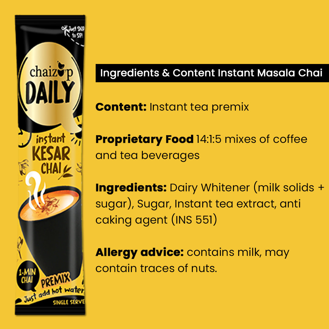 Chaizup Daily 1 Min Kesar Chai - Instant Premix Kesar chai- 30 Single Serves | 30 Sachets |Premix tea Powder Mix, Instant Premix Saffron Tea…