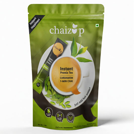 Chaizup Instant Cardamom Premix Tea, 1 Kg Poly of Kadak 1 Min, Elaichi Chai with Low Sugar, Ready to Drink 3 in 1 Chai, Home like tea, Anytime Anywhere, 1000 Gm - 75 Cups, Best for Vending Machine