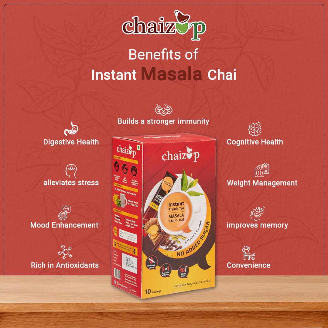 Chaizup Instant Masala Tea Premix, NO SUGAR, 90 Gm, 10 Sachets of 9gm Each Premix Tea Instant Premix Masala Tea