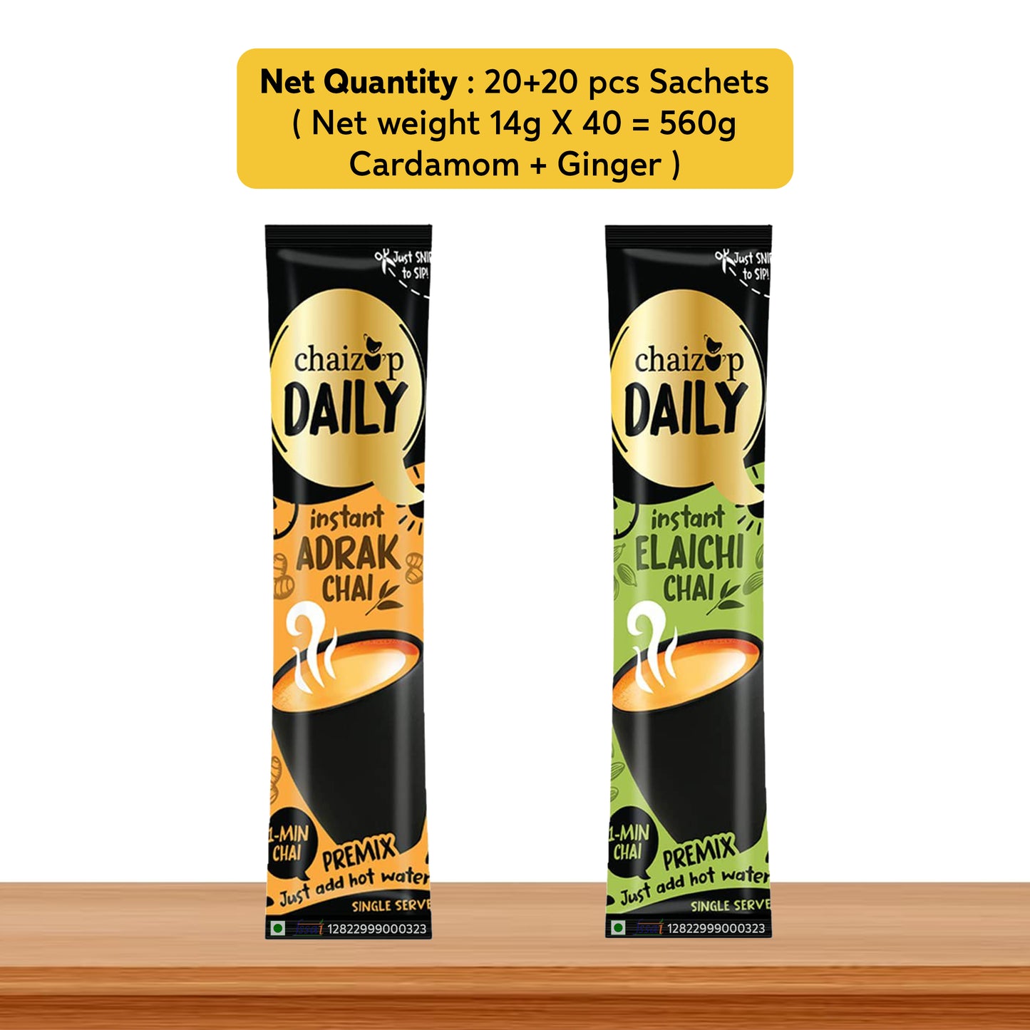 Chaizup Daily Instant Premix Cardamom + Ginger Tea | 20 Cardamom + 20 Ginger | Instant Premix Tea | Premix Tea Powder