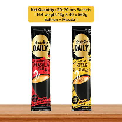 Chaizup Daily Instant Premix Masala + Saffron Tea | 20 Masala + 20 Saffron | Instant Premix Tea | Premix Tea Powder