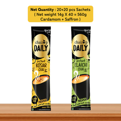 Chaizup Daily Instant Premix Saffron + Cardamom Tea | 20 Saffron + 20 Cardamom | Instant Premix Tea | Premix Tea Powder